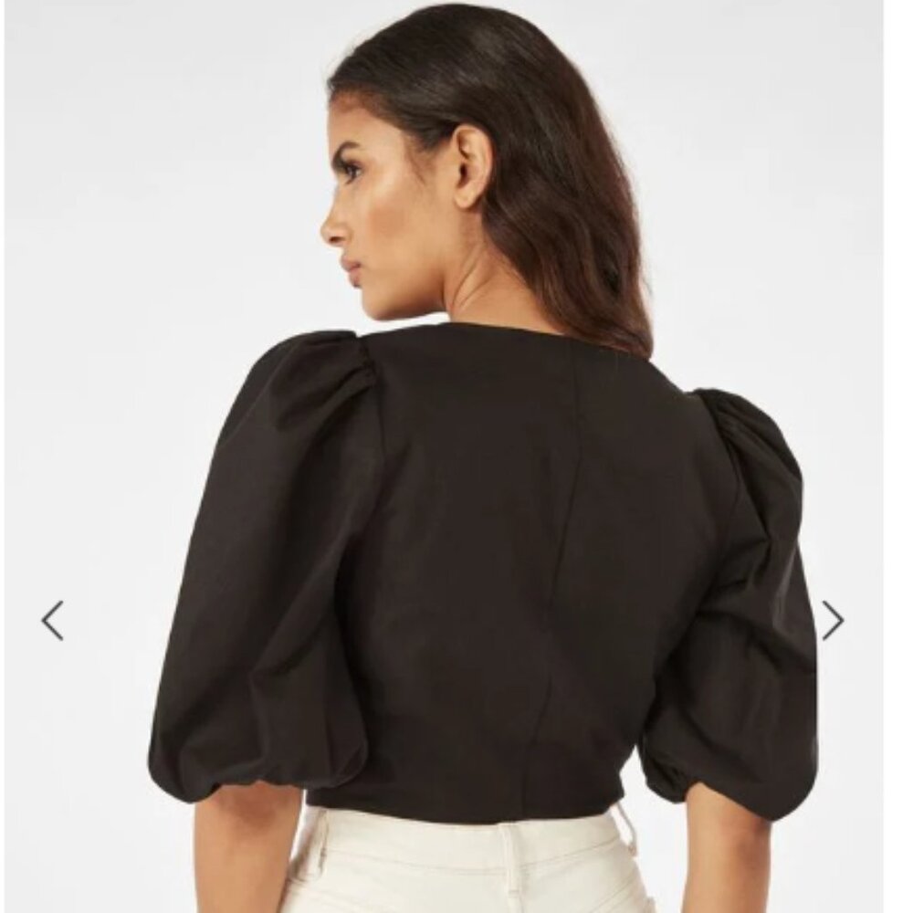 JustFab Puff Sleeve Tie Front Top Crop Top Blouse Black Linen Blend Size M - Picture 2 of 13